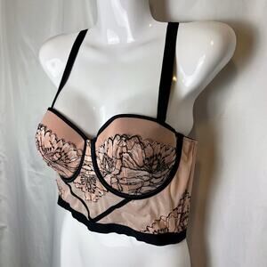 Auden Women’s M Bustier Bra Top Pink Black Floral Embroidered Mesh Coquette